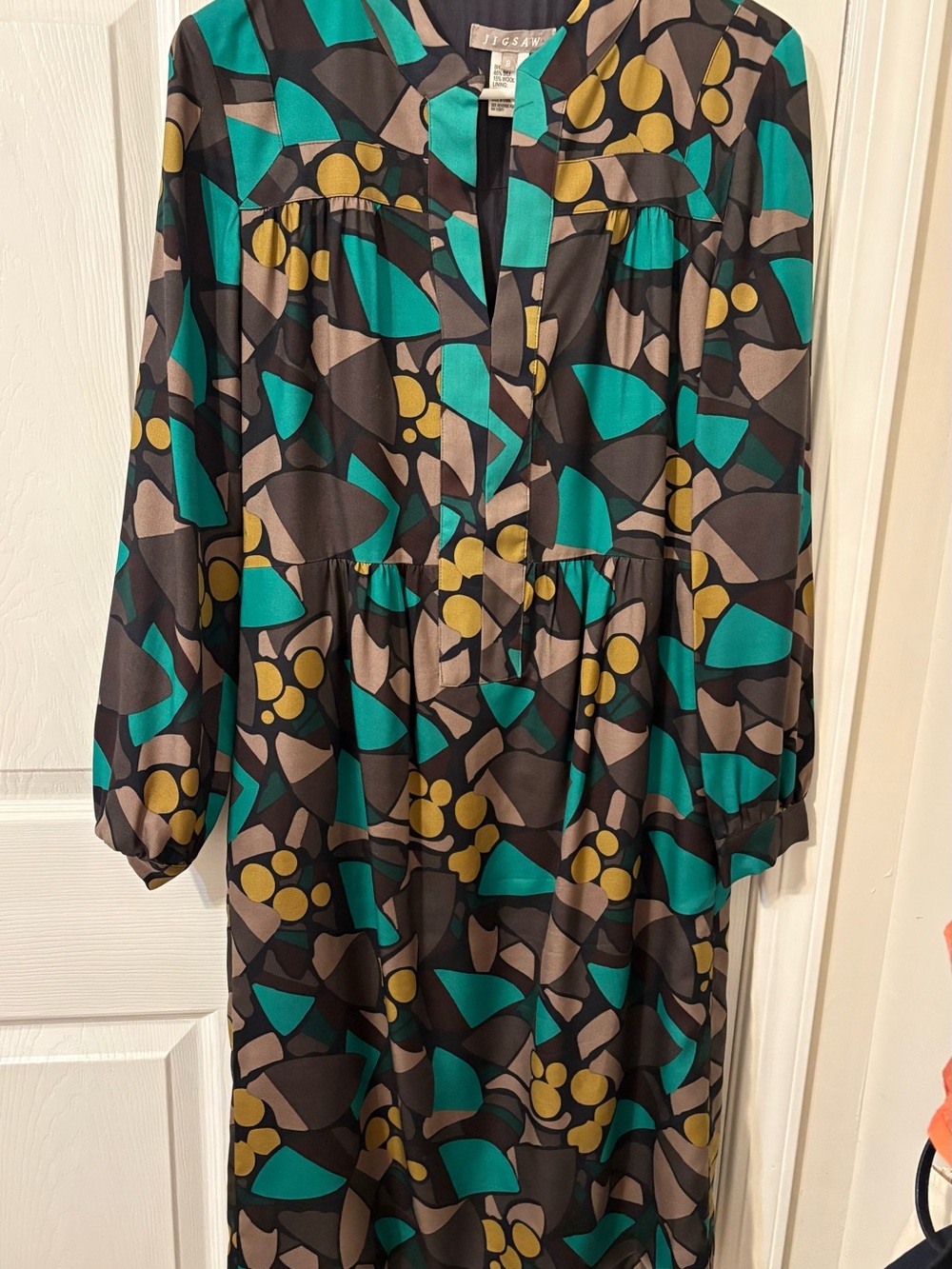 Jigsaw Teal & Yellow Graphic Print Silk Wool blended Long Sleeve Dress